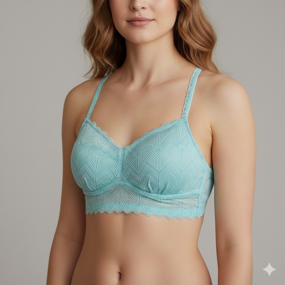 SO Chevron Lace V-Neck Wireless Bralette Bra Adjustable Straps Aqua Blue‎ Size L